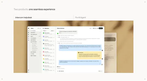 Intercom features section: two-tab switcher for helpdesk and Fin AI Agent above a large inbox screenshot on a textured beige backdrop