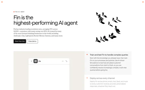 Intercom features section: headline with an ink drawing of running figures, then a Fin chat widget panel beside a three-item feature selector