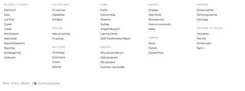 Intercom footer section: five columns of grouped links under monospace labels with a row of legal links on white