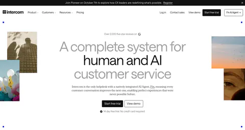 Intercom hero section: centered gray and black headline with two CTA buttons, flanked by cropped photo tiles, below a nav and announcement bar