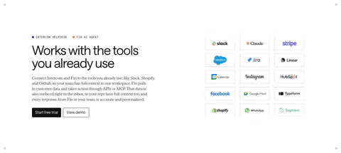 Intercom integrations section: headline, copy and CTAs on the left, grid of bordered app logo tiles like Slack, Stripe and Shopify on the right