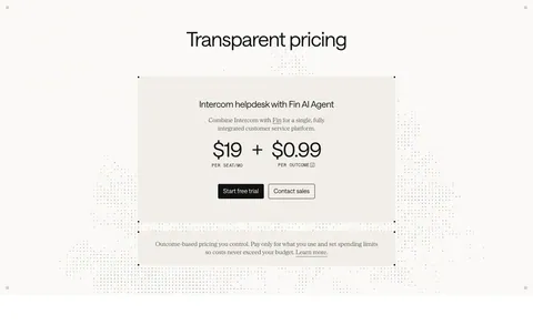 Intercom pricing section: centered beige card with $19 per seat plus $0.99 per outcome pricing and two buttons over a faint dot pattern