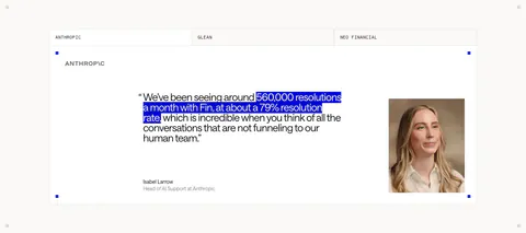 Intercom testimonials section: tabbed customer quote card with a blue-highlighted phrase, Anthropic logo, speaker name and portrait photo