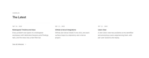 Interfere blog & resources section: changelog heading above three dated release notes in columns on a white background
