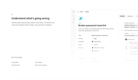 Interfere features section: numbered text block with triage list on the left and an issue detail screenshot on the right