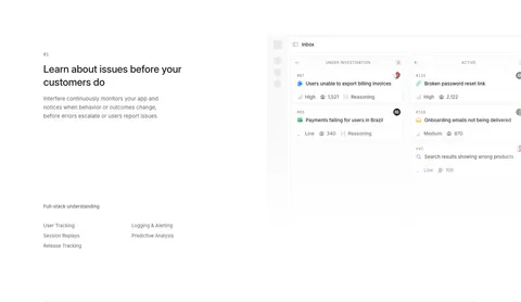Interfere features section: numbered text block with capability list on the left and an issue inbox board screenshot on the right
