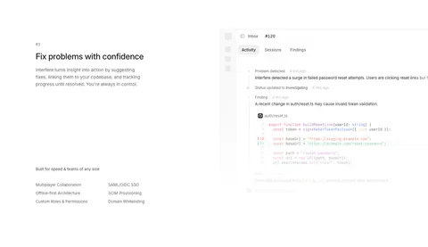 Interfere features section: numbered text block with enterprise feature list left and an activity timeline with code diff right
