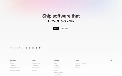 Interfere footer section: centered closing headline with buttons, four link columns and a large faded pixel wordmark
