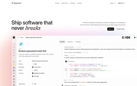 Interfere hero section: headline left and copy with buttons right above a large issue-tracker product screenshot and a logo row