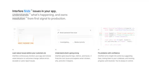 Interfere how it works section: multi-line headline above three numbered columns with faded UI and code vignettes on white