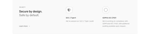 Interfere security section: light gray card with headline left and SOC 2 and GDPR/ISO compliance columns with icons