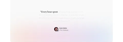 Interfere testimonials section: centered serif quote fading in over a soft pastel gradient card with author avatar below