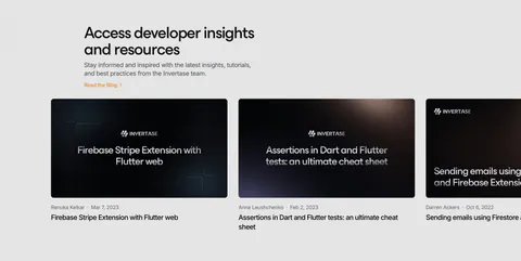 Invertase blog & resources section: left headline above a row of dark article thumbnail cards cut off at the right edge on light gray