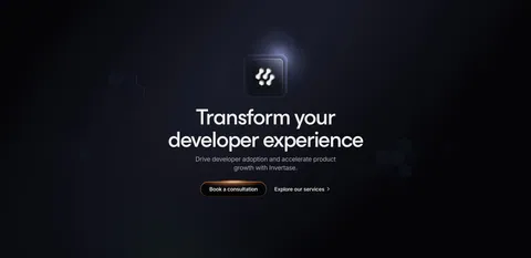 Invertase call-to-action section: centered headline below a glowing logo tile with two buttons on a dark background with faint hexagons