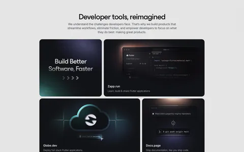 Invertase features section: centered headline above a bento of four dark tiles showing a code editor, cloud icon and git push