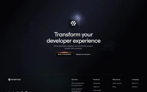 Invertase footer section: centered CTA with glowing logo tile above link columns, social icons and copyright on a dark background