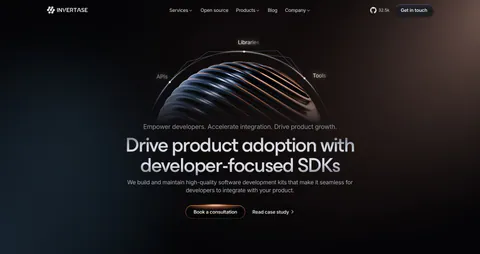 Invertase hero section: centered headline below a ribbed 3D sphere with orbit labels on a dark background with a warm glow
