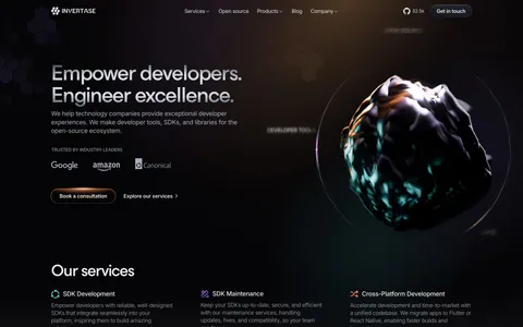 Invertase hero section: left headline with logo strip and buttons beside a dark 3D rock render in a glowing ring, services row below