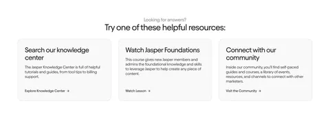 Jasper contact section: centered heading above three light gray cards linking to the knowledge center, a course and the community