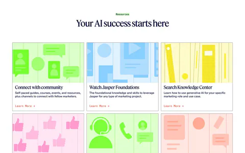 Jasper blog & resources section: centered serif headline above six cards with colorful flat illustrations and Learn More links