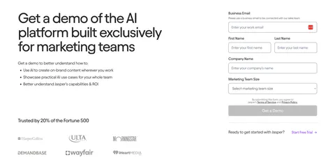 Jasper contact section: headline and benefit bullets with customer logos on the left, demo request form on the right on a light background