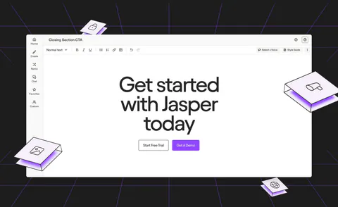 Jasper call-to-action section: centered headline and buttons inside an editor mockup on a dark background with purple lines and isometric tiles