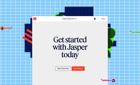 Jasper call-to-action section: serif headline and two buttons in an editor window over a sky-blue grid with pixel shapes and cursors