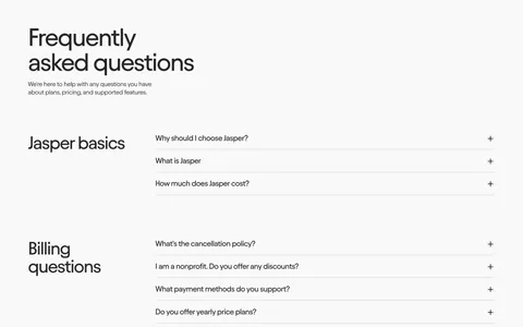Jasper FAQ section: large heading above grouped accordion questions with category titles in a left column on an off-white background