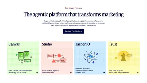 Jasper features section: centered serif headline and button above four pastel cards with line illustrations on grid backgrounds