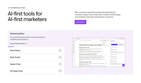 Jasper features section: headline and copy row above an accordion list beside an editor screenshot on a dotted lavender panel