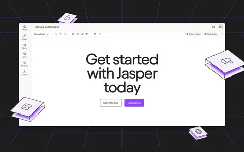 Jasper footer section: editor-mockup CTA above four link columns, wordmark and social icons on a dark charcoal background