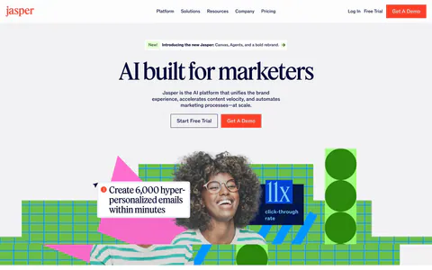 Jasper hero section: nav and centered serif headline over a photo of a smiling woman with green grid shapes, customer logo row below