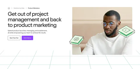 Jasper hero section: breadcrumb, headline and two buttons on the left, photo of a man at a laptop on the right above green grid lines