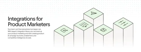 Jasper integrations section: headline and copy on the left beside isometric pillars topped with green icon tiles on a light background