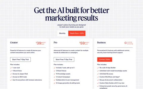 Jasper pricing section: centered serif headline and monthly/yearly toggle above three white plan cards on a light grid background