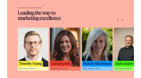 Jasper team section: serif headline and arrows above executive portrait cards with colored name labels on a salmon background