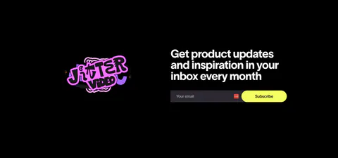Jitter call-to-action section: pink sticker logo on the left, headline with email field and yellow subscribe button on a black background