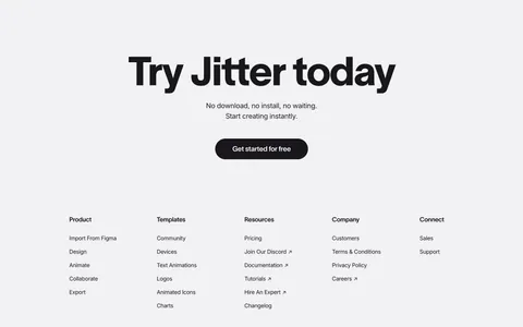 Jitter footer section: large centered CTA headline and button above five link columns, copyright and social icons on light gray