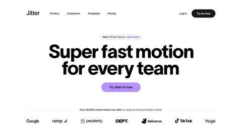 Jitter hero section: nav above a huge centered headline with a purple button and a row of customer logos on white