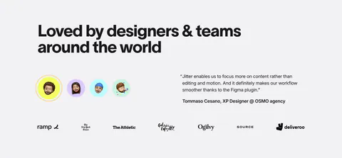 Jitter testimonials section: large headline, memoji avatar selector beside a quote, and a row of customer logos on light gray