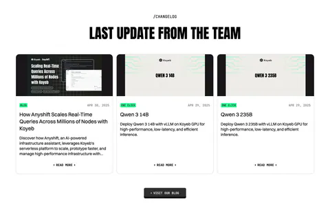 Koyeb blog & resources section: centered condensed headline above three changelog cards with thumbnails, tags and dates