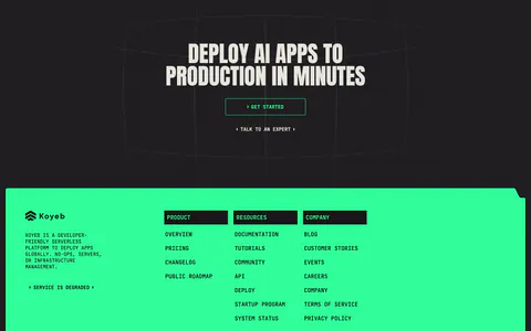 Koyeb footer section: dark CTA band with condensed headline above a bright green footer with link columns and G2 badges