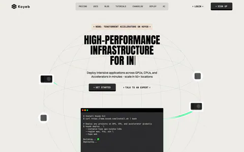 Koyeb hero section: centered condensed headline and buttons over a wireframe globe with a terminal window and a logo strip