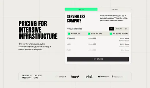 Koyeb pricing section: condensed headline on the left, tabbed GPU instance price card on the right, logo strip below
