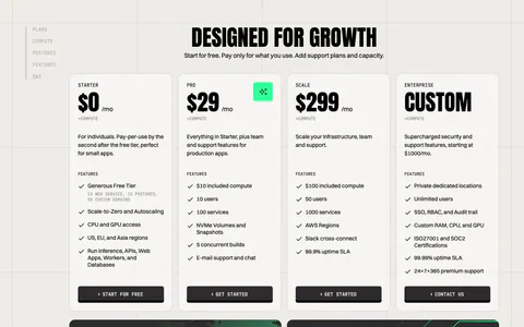 Koyeb pricing section: condensed headline above four plan cards and two dark promo banners on a warm gray grid background
