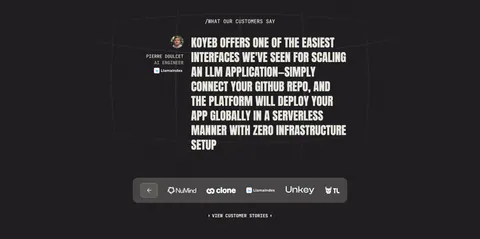 Koyeb testimonials section: large uppercase quote with author avatar above a customer logo selector bar on a dark grainy background