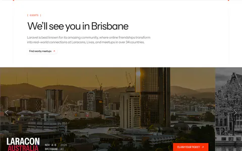 Laravel blog & resources section: events headline above a photo carousel card for Laracon Australia in Brisbane with a ticket button