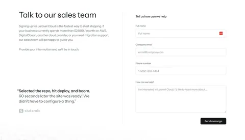 Laravel Cloud contact section: headline, copy and customer quote on the left, sales contact form on the right on white
