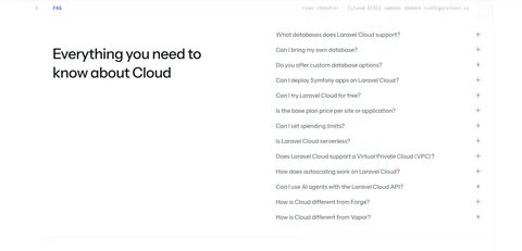 Laravel Cloud FAQ section: headline on the left beside a long accordion of questions about databases, pricing and deployment on white