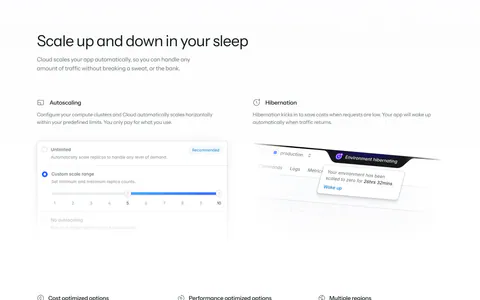 Laravel Cloud features section: headline above two feature columns with autoscaling and hibernation UI snippets and three icon notes